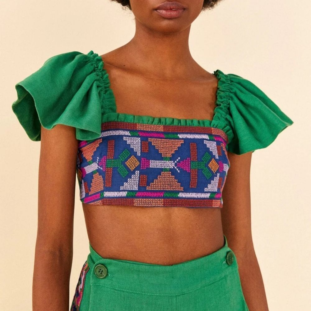 Farm Rio Embroidered Cropped Smocked Square Neck Ruffle Short Sleeve Top Green